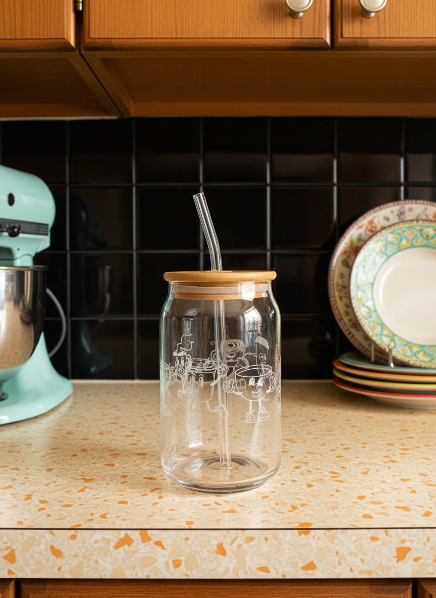 Retro Coffee Engraved Glass Can Tumbler, 16 oz