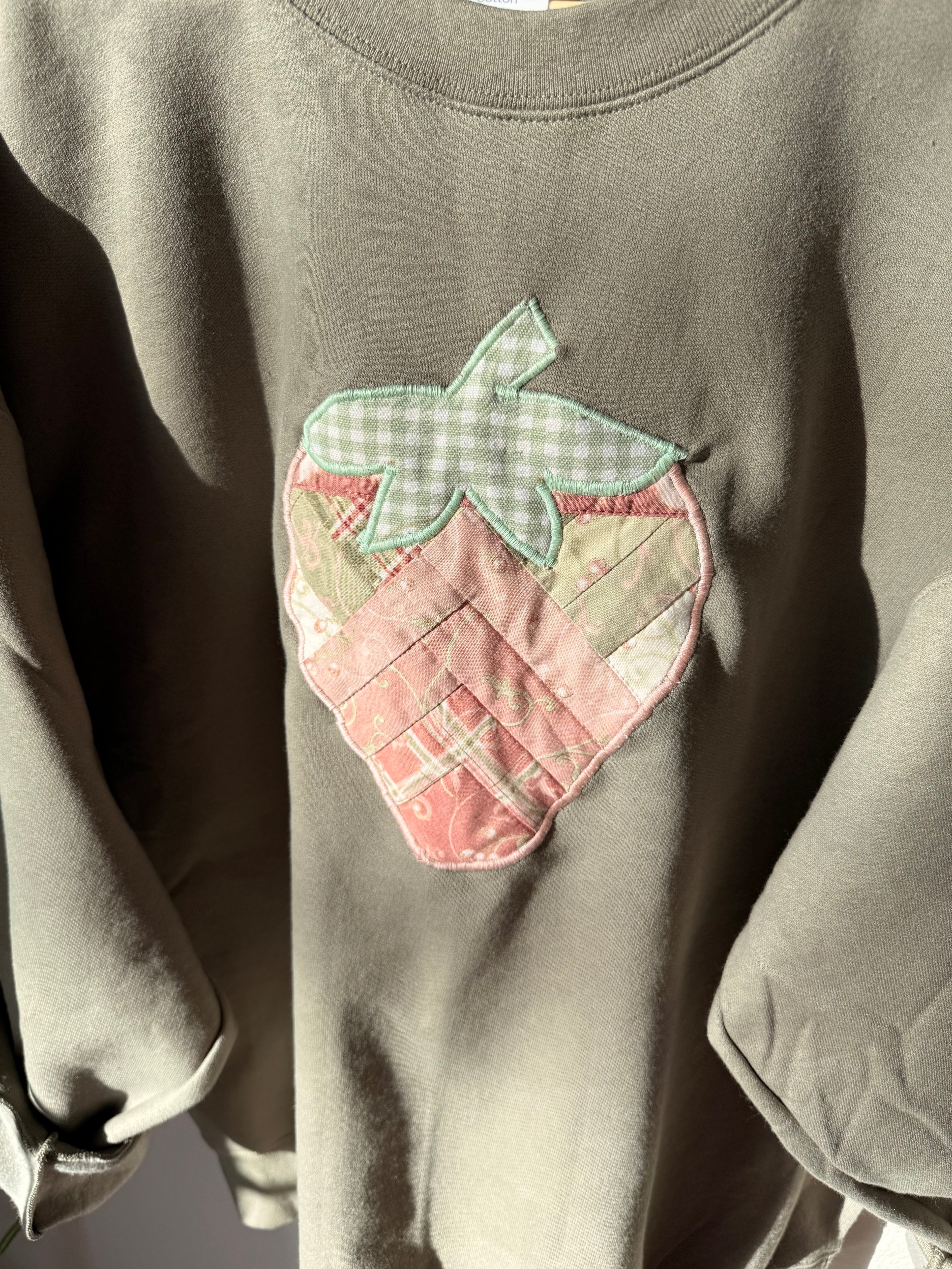 Quilted Strawberry Appliqué Sweatshirt, Large, Green