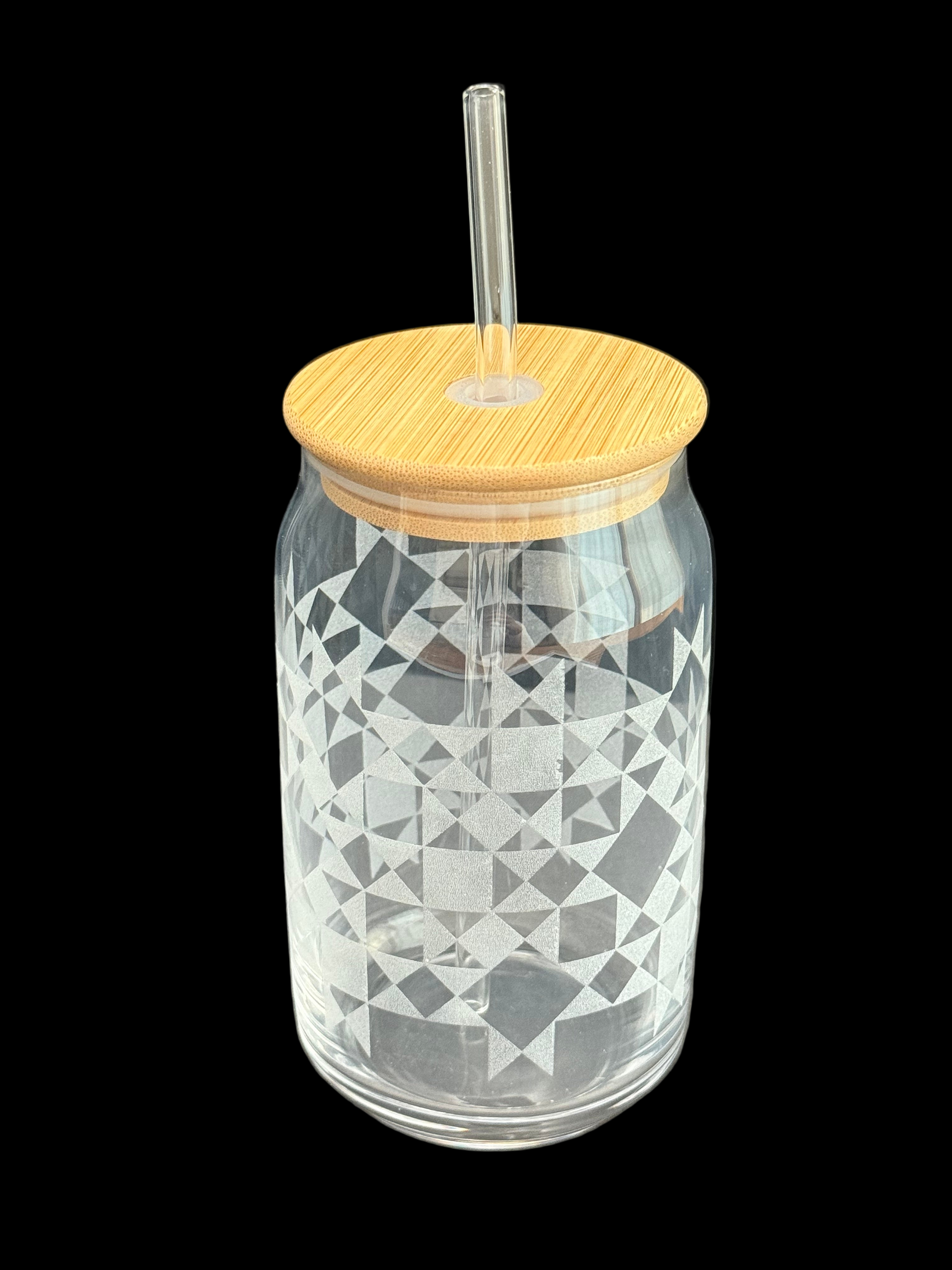 16oz Quilt Pattern Etched Glass Can Tumbler