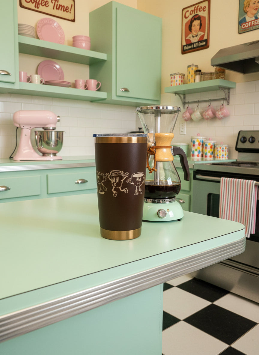 Brown insulated tumbler with gold rim on a kitchen counter