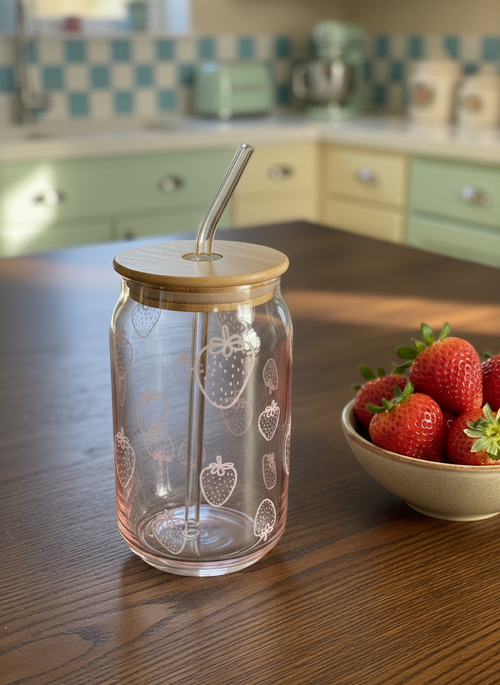 16oz Pink Strawberry Etched Glass Can Tumbler
