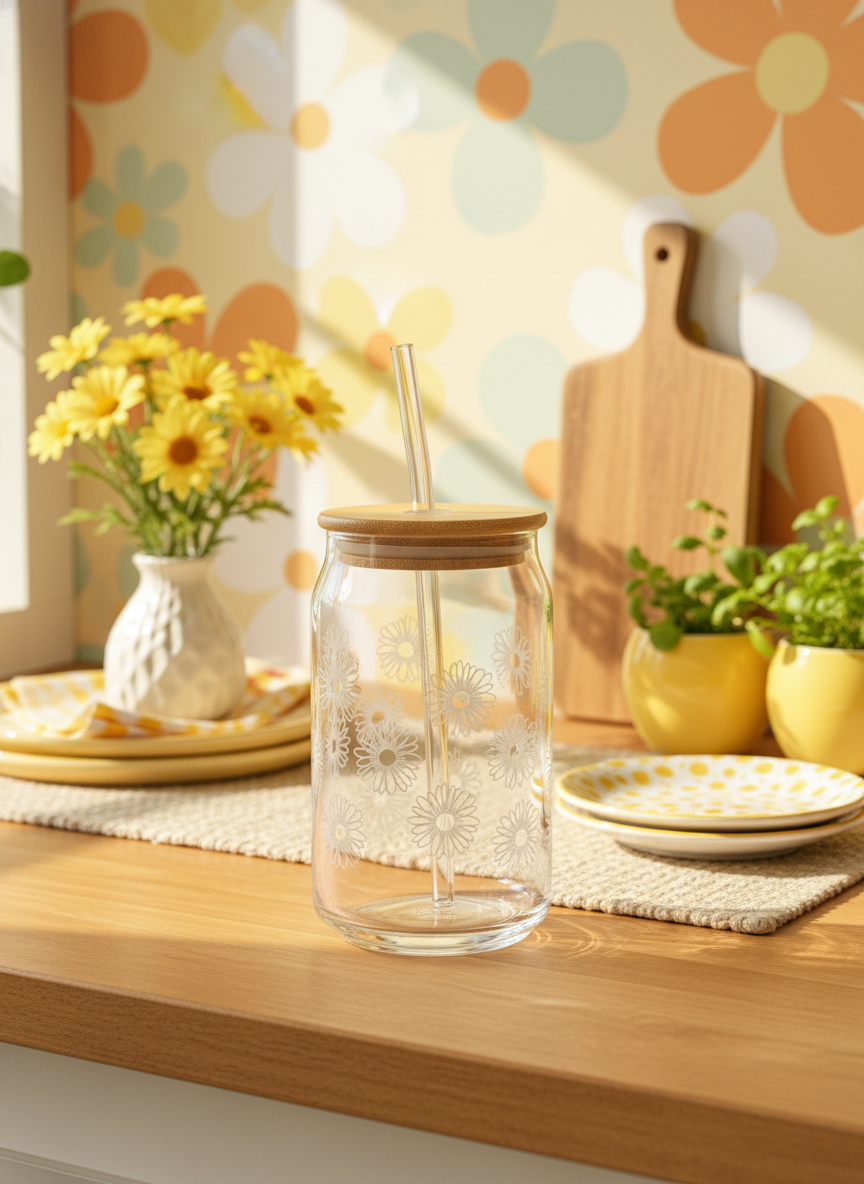 16oz Daisy Etched Glass Can Tumbler