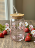 16oz Pink Strawberry Etched Glass Can Tumbler