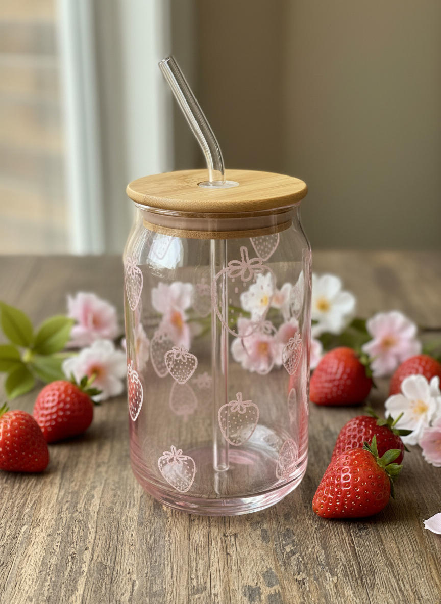 16oz Pink Strawberry Etched Glass Can Tumbler
