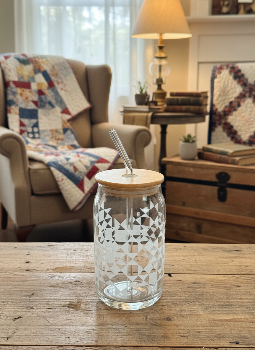 16oz Quilt Pattern Etched Glass Can Tumbler