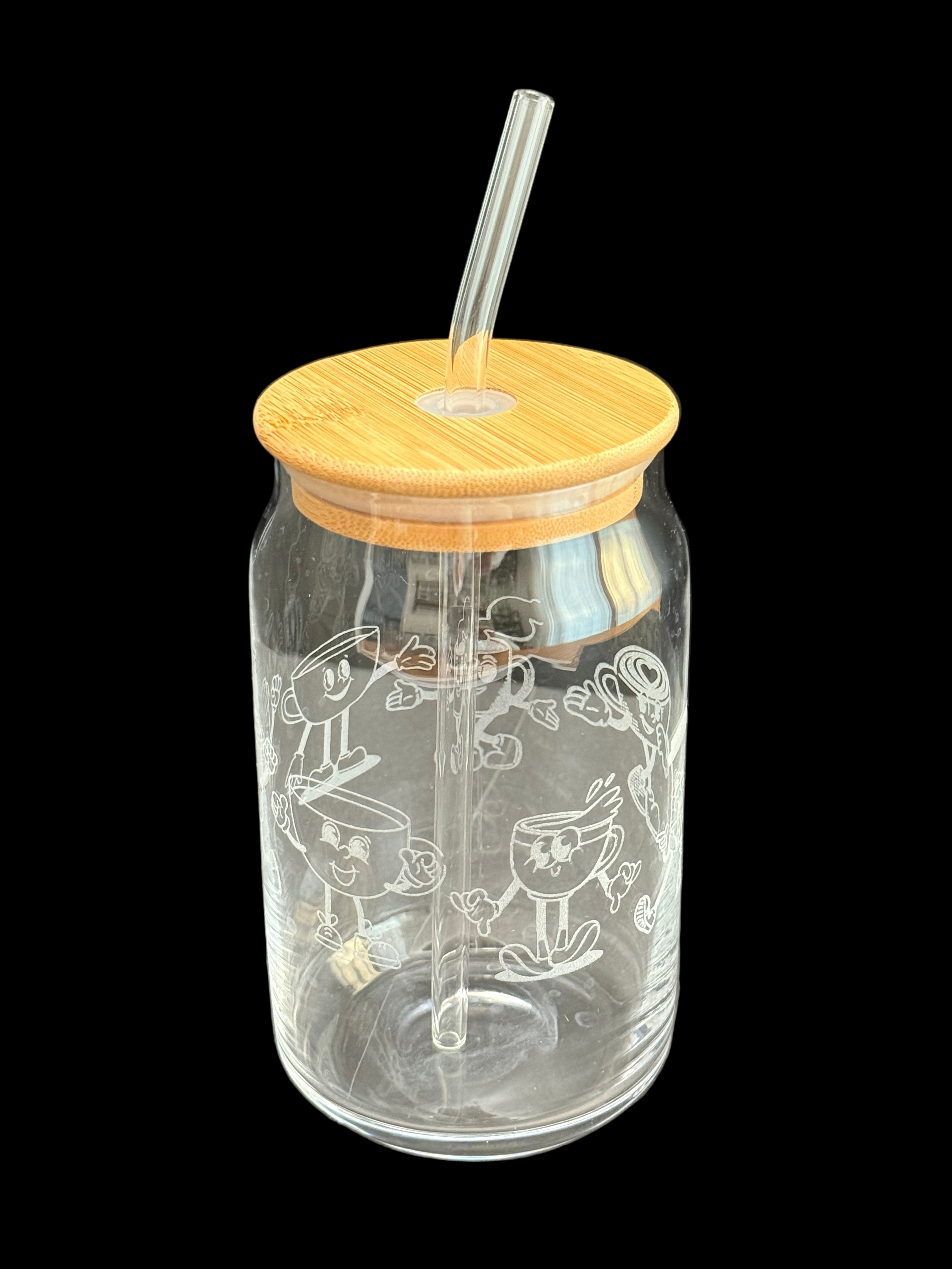 Retro Coffee Engraved Glass Can Tumbler, 16 oz