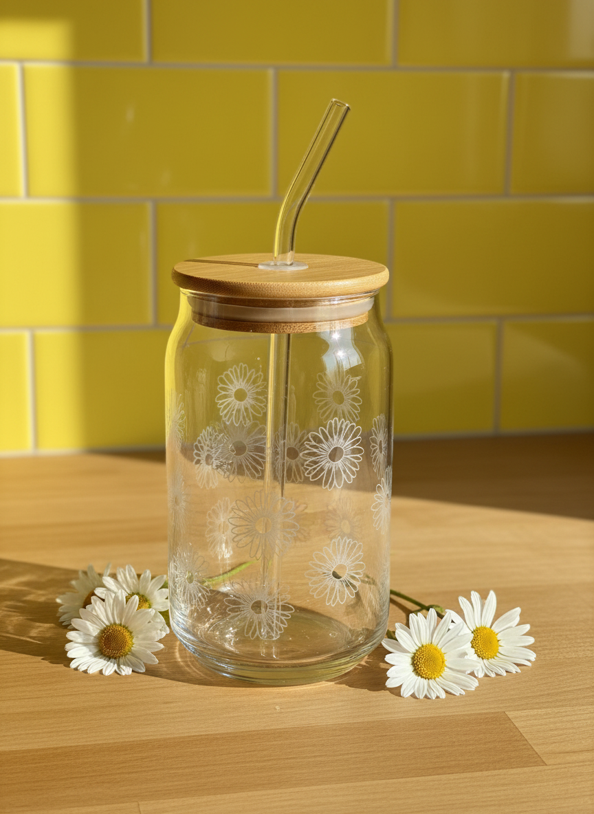 16oz Daisy Etched Glass Can Tumbler