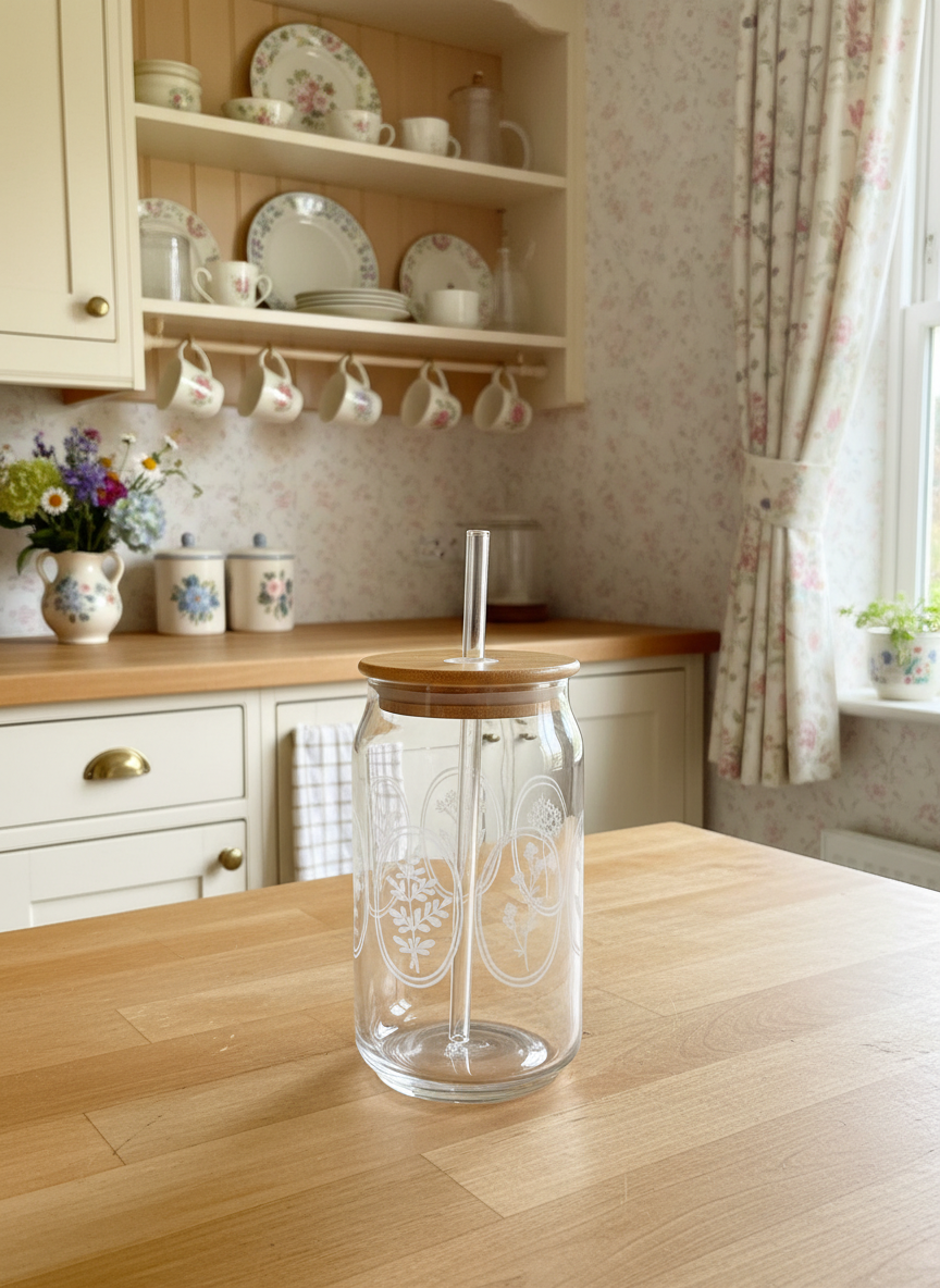 16oz Floral Oval Glass Can Tumbler