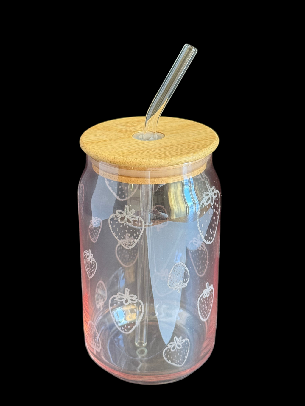 16oz Pink Strawberry Etched Glass Can Tumbler