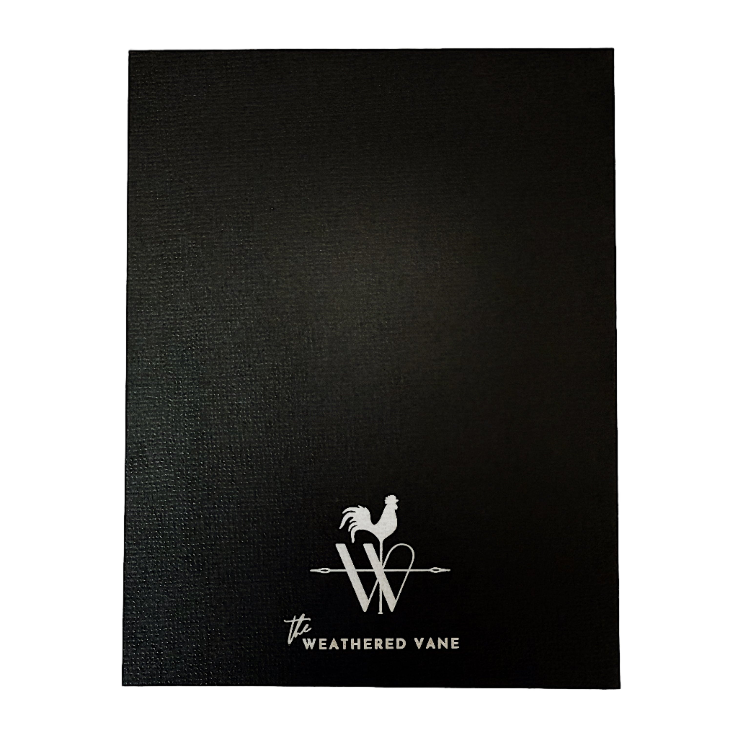 Back side of card, black with The Weathered Vane logo at the bottom.