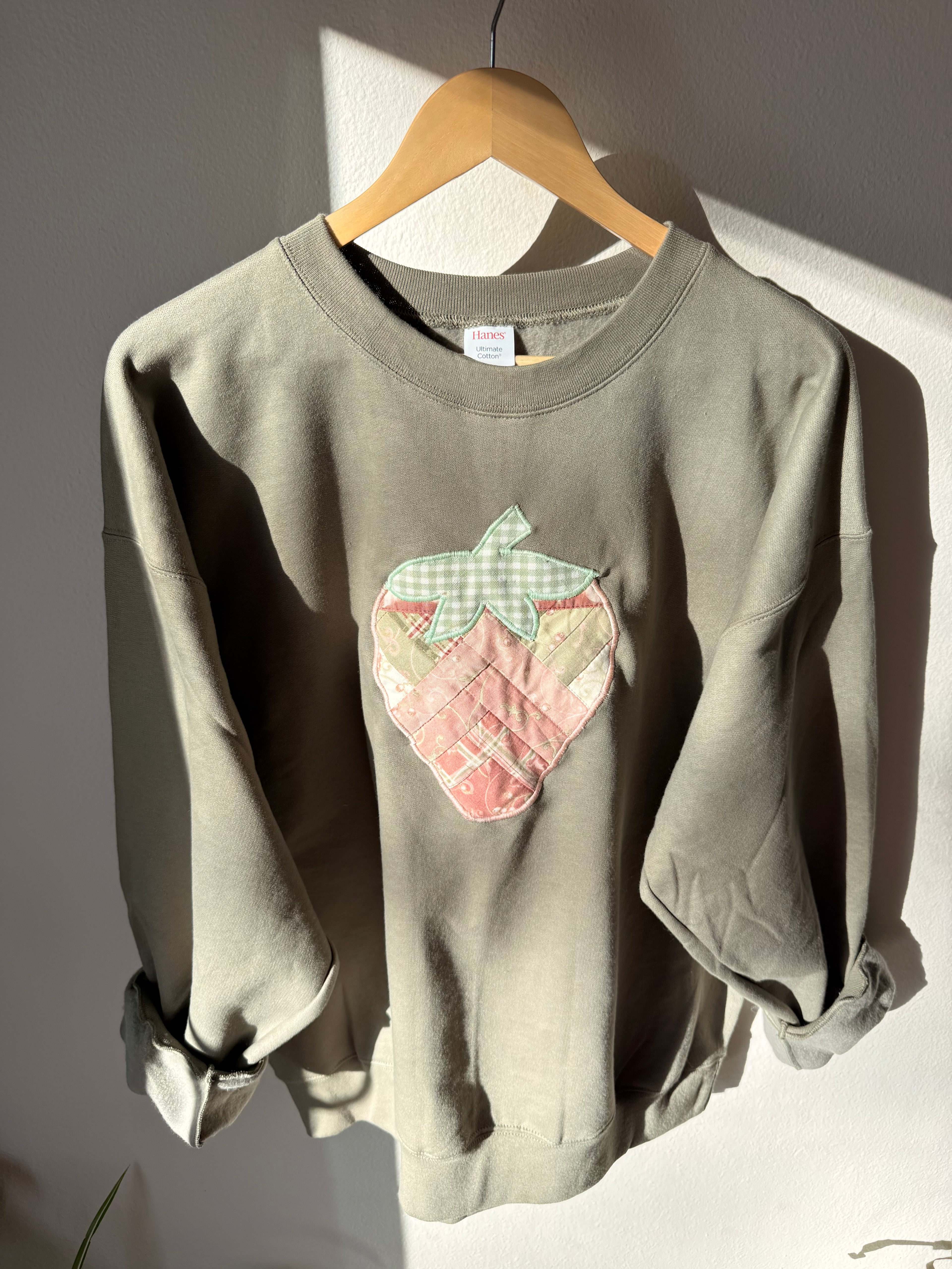 Quilted Strawberry Appliqué Sweatshirt, Large, Green