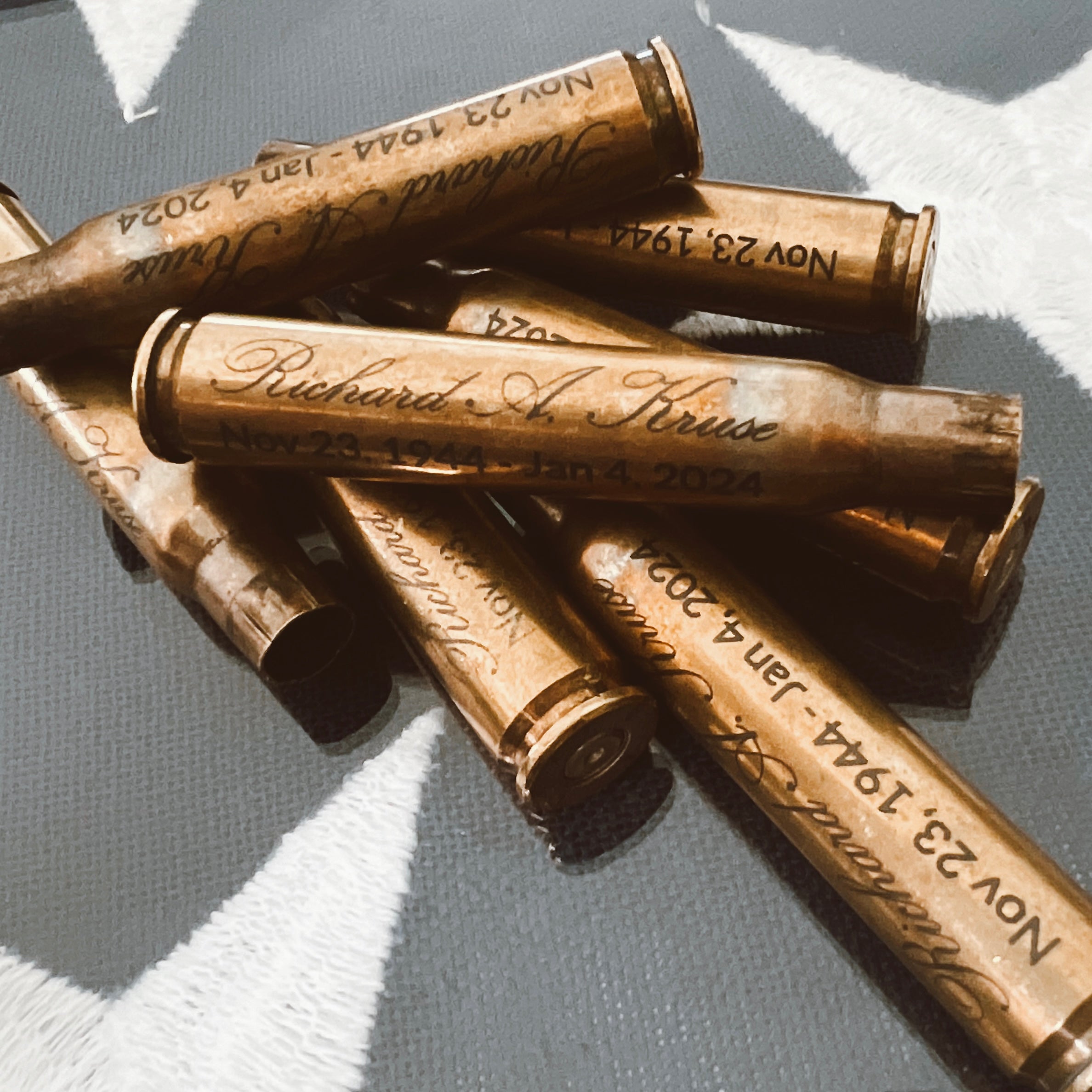 brass artillery shells with custom engraving for a veteran - Richard A. Kruse - November 23, 1944 - January 4, 2024