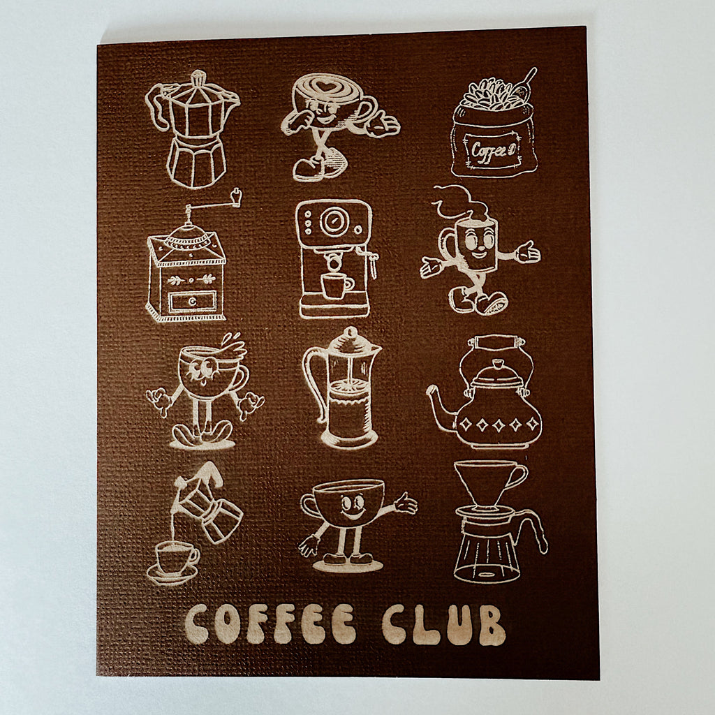 A2 brown greeting card with retro coffee illustrations