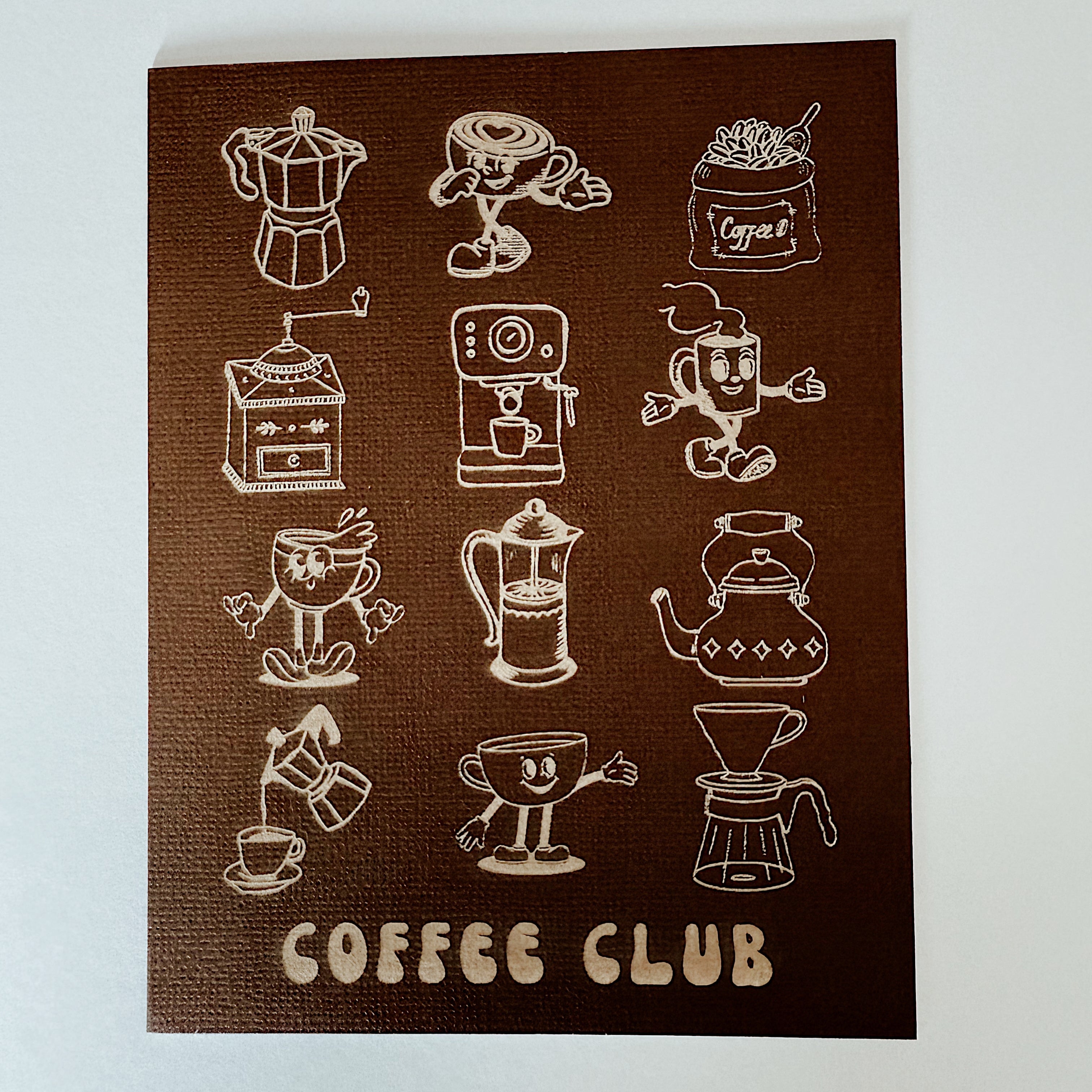 A2 brown greeting card with retro coffee illustrations