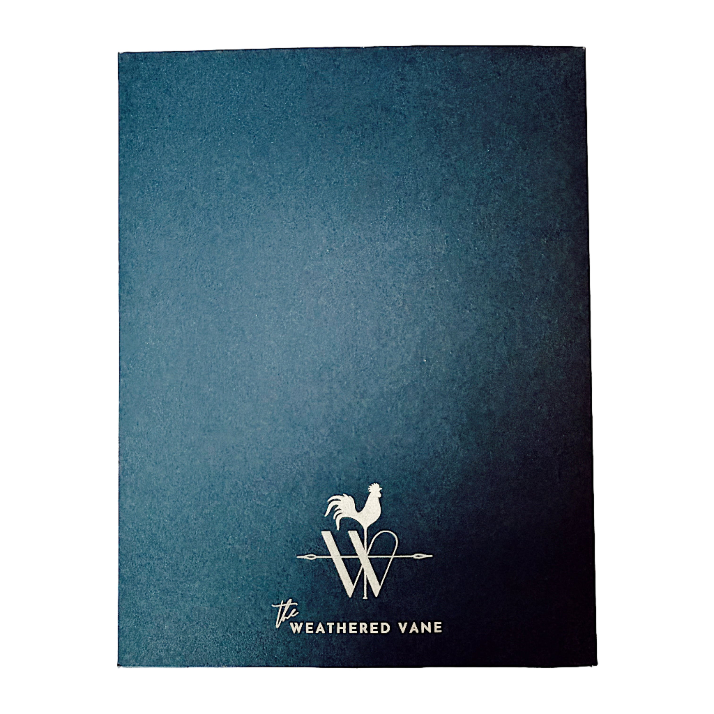 Navy blue A2 greeting card back with The Weathered Vane logo