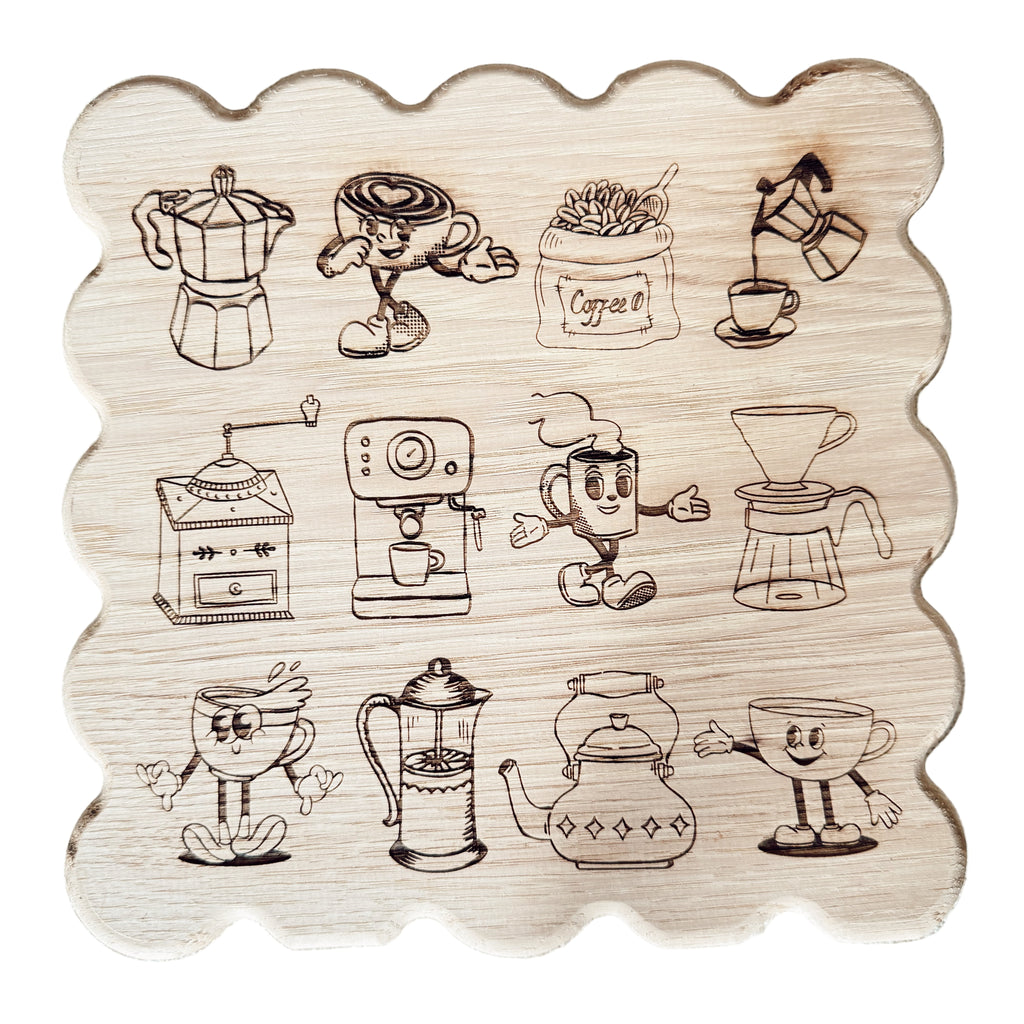 Wooden cutting board with retro coffee illustrations engraved on the wood. 