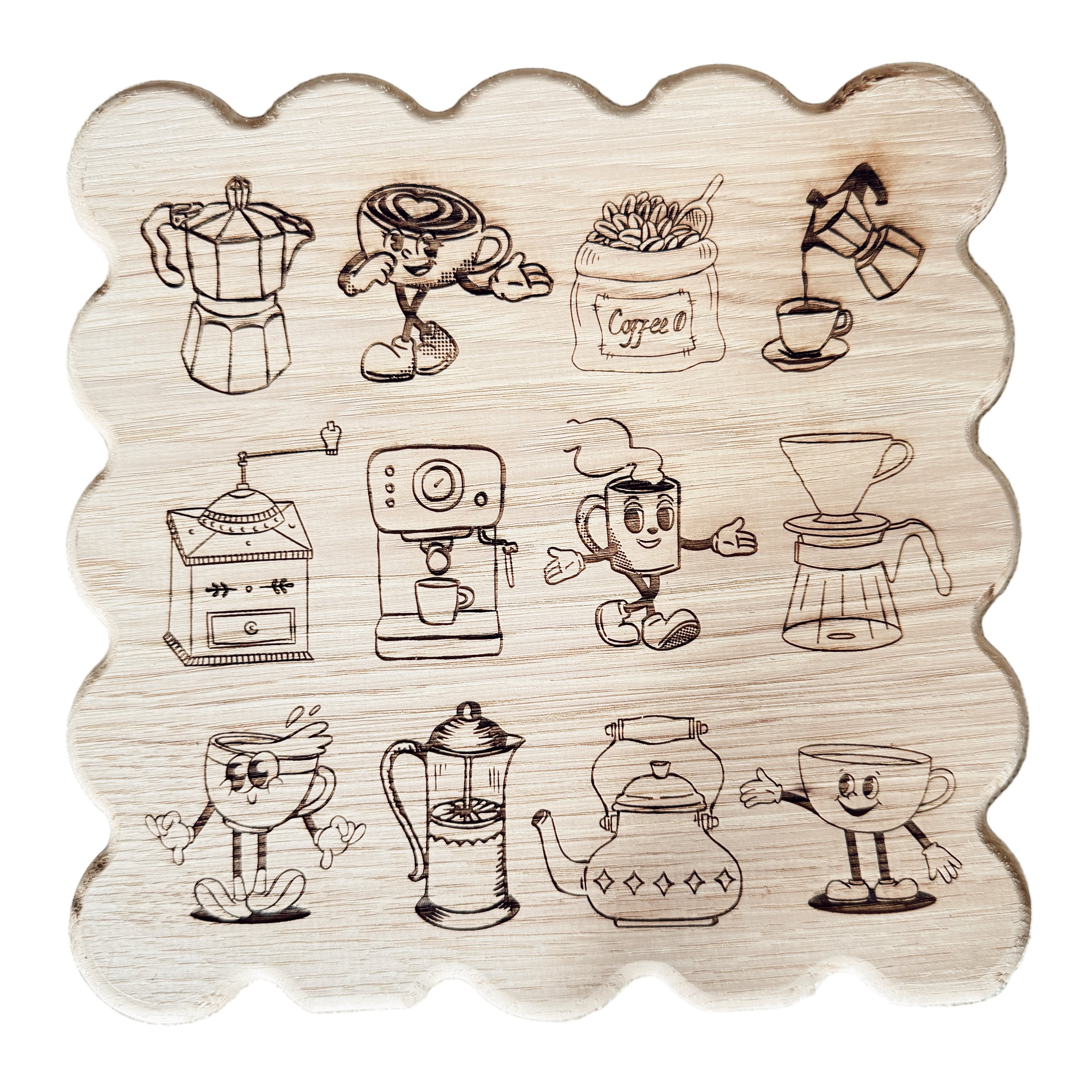 Wooden cutting board with retro coffee illustrations engraved on the wood. 