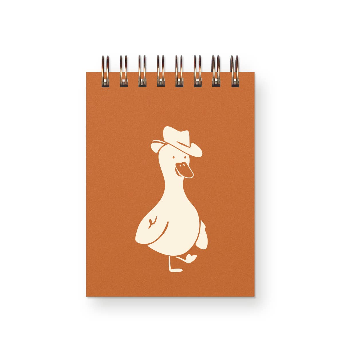 Notebook with a white duck illustration wearing a hat on an orange cover